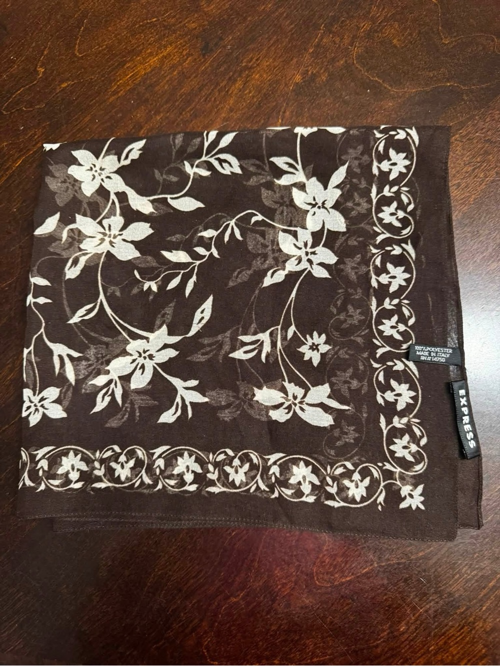Express Cream Floral Print on Brown Silk Scarf